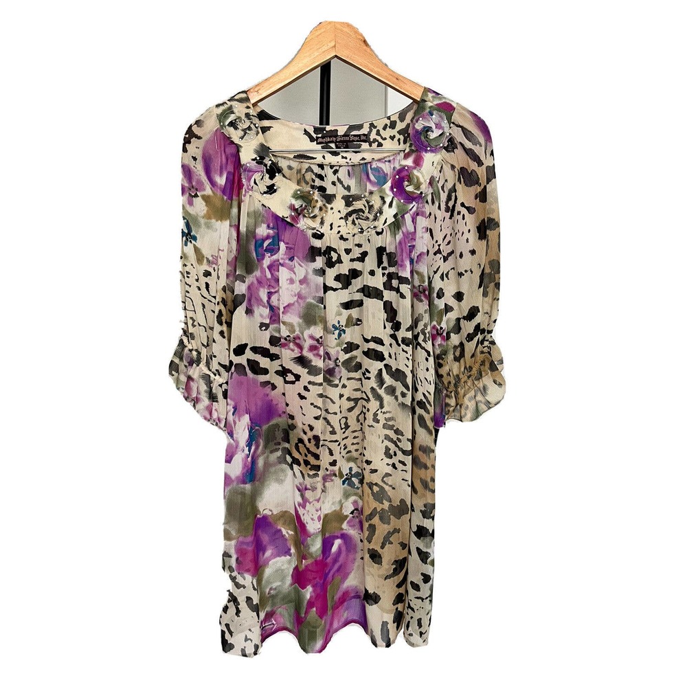 Mushka by Sienna Rose Y2K Size M Balloon Sleeve Animal Print Blouse Rhinestones